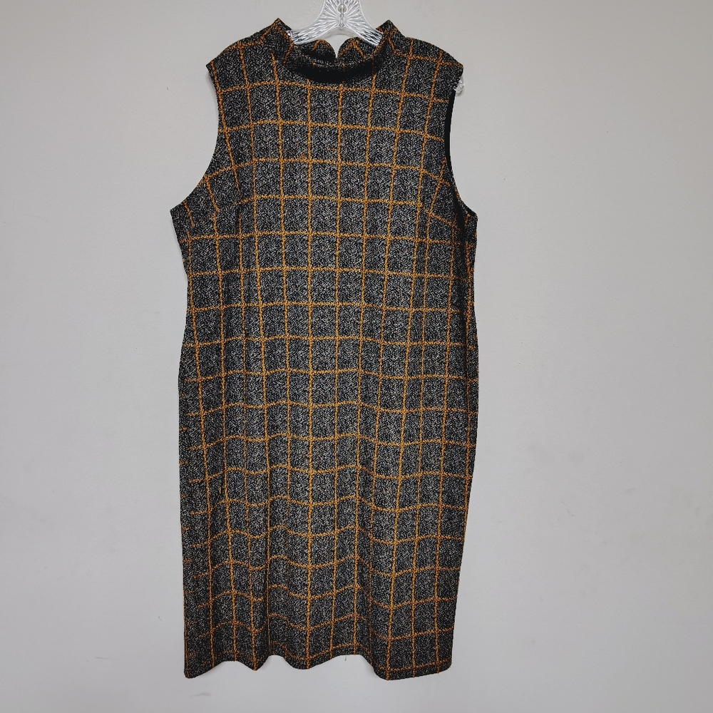 Elegant Sleeveless Grid Dress - Black and Orange Midi Dress Size 22/24W